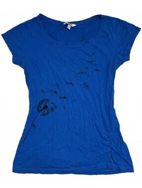 Y2K Tag Blue Ruched Sides Cotton T Shirt With Black Dandelion Graphic Print Sz M